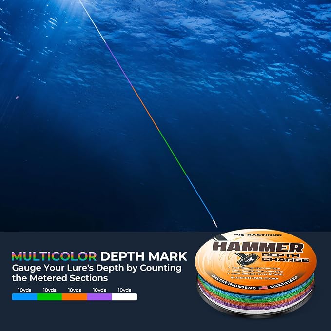 KastKing Hammer Depth Charge Weighted Fishing Line- Made in The USA, Lead-Free Fast Sinking 9-Carrier Braided Fishing Line, Nano Bismuth Coated Saltwater Trolling Line, Color Changes Every 10 Yards