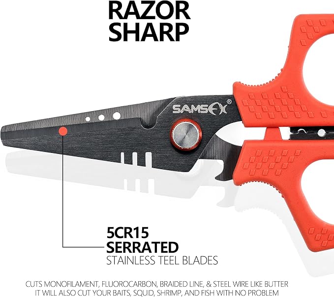SAMSFX 6.5" Pro Fishing Shears Dual Serrated Blades, Fishing Braided Line Scissors with Titanium Coating, Non-Slip Grip & Multifunction Tool, Includes Hard Molded Locking Sheath & Coiled Lanyard