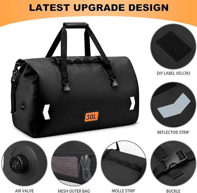 OCKLILY Waterproof Motorcycle Dry Bag, 30L Roll-top Motorcycle Tail Bag with Air Valve & Quick-fixed Straps, Travel Duffle Bags for Kayaking Paddle Boarding Rafting Boating Camping Riding - Black