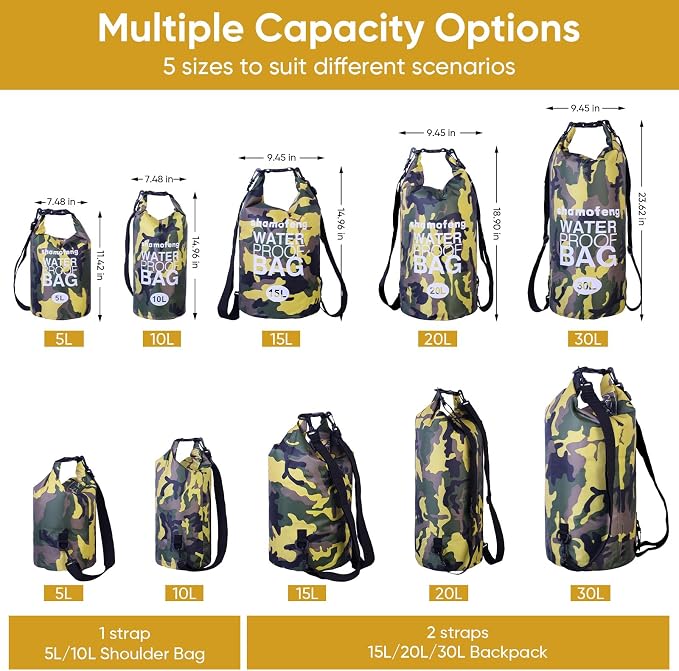 Waterproof Dry Bag 5L/10L/15L/20L/30L Roll Top Dry Storage Backpack with Phone Case, Collapsible Water Bottle, Sunglasses, Ear Band for Kayaking Boating Swimming Fishing Camping, Yellow 20L