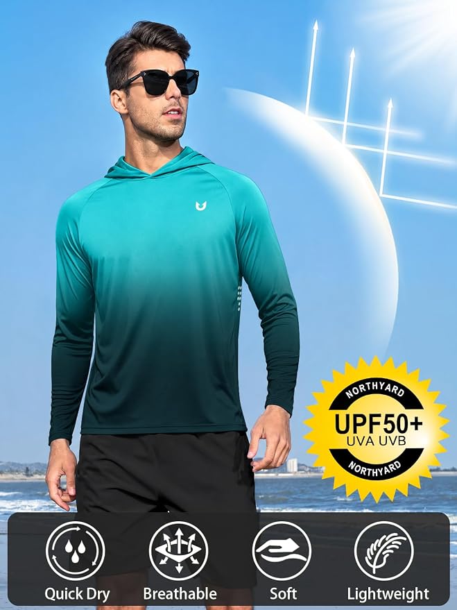 NORTHYARD Men's UPF 50+ Rash Guard Hoodie Long Sleeve Sun Protection Shirt Fishing Swim Beach Hiking Quick Dry Lightweight