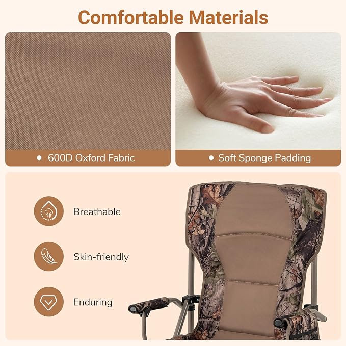 Goplus Folding Camping Chair, 400 LBS Support Lawn Chair w/Armrests with Covers, Cup Holder & Storage Pocket, Adjustable Feet, Portable Camp Chair with Carrying Bag, for Fishing Hunting Picnic