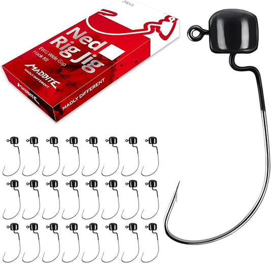 MadBite by KastKing Ned Rig Jig Heads for Soft Fishing Lures, 24-Pack Finesse Standard Mushroom Stand-up Ned Heads Kit, Needle Point Saltwater & Freshwater Versatility Ned Rig Hooks 1/8, 1/16, 3/16 oz