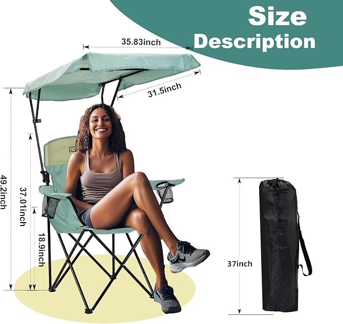 YOUNG WOOD Portable Camping Chair Beach Chair with Shade Canopy, Fold Lightweight Oversized for All, Easy to Open and Close Without Installation, Side Pocket Design for All Outdoor Activities, Blue