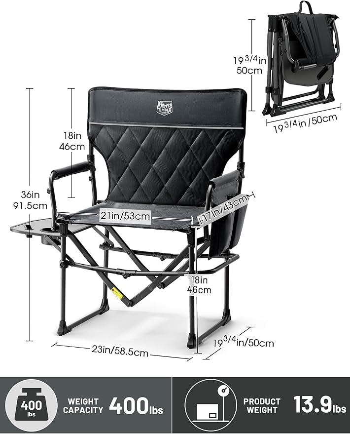TIMBER RIDGE Heavy Duty Camping Chair with Compact Size, Portable Directors Chair with Side Table and Pocket for Camping, Lawn, Sports and Fishing, Supports Up to 400lbs, Black