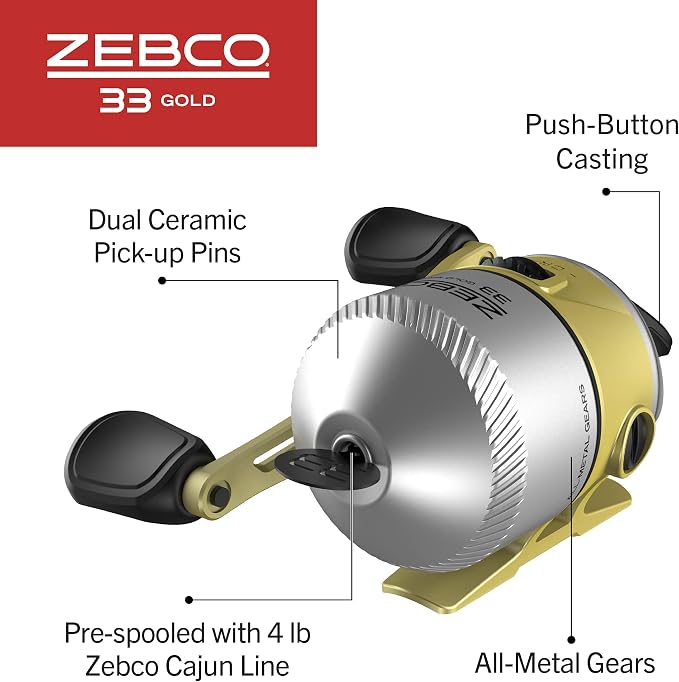 Zebco 33 Gold Spincast Fishing Reel, Changeable Right or Left-Hand Retrieve, All-Metal Gears, Pre-Spooled with Zebco Cajun Fishing Line