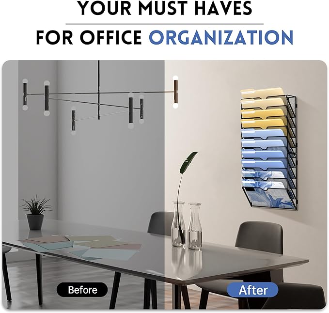 DALTACK Wall File Organizer, 10 Tier Hanging File Organizer, Mail Organizer Wall Mounted for Papers Folders Clipboard Magazine, Office Cubicle Organization & Storage, Assembly Needed, Mesh Black