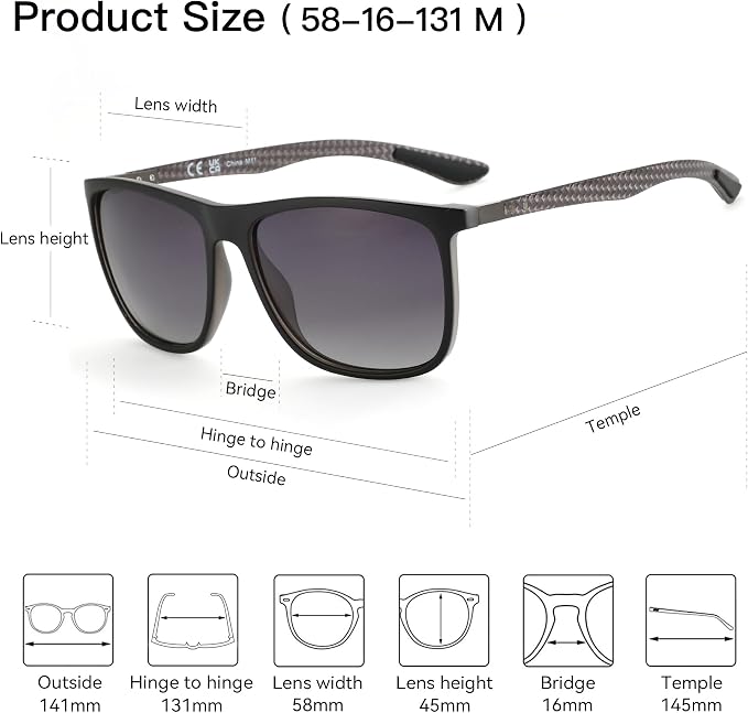 ZENOTTIC Square Polarized Sunglasses for Men Ultralight Carbon Fiber Sun Glasses Driving Fishing Golf Sports UV400 Protection