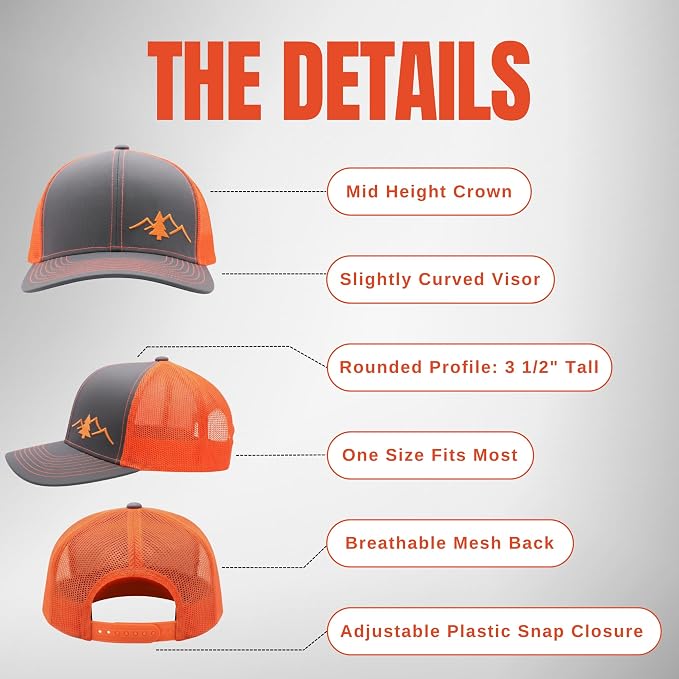 LINDO Trucker Hat [ Great Outdoors Design ] for Men and Women: Mid Profile Cap with Breathable Mesh Back and Adjustable Snap