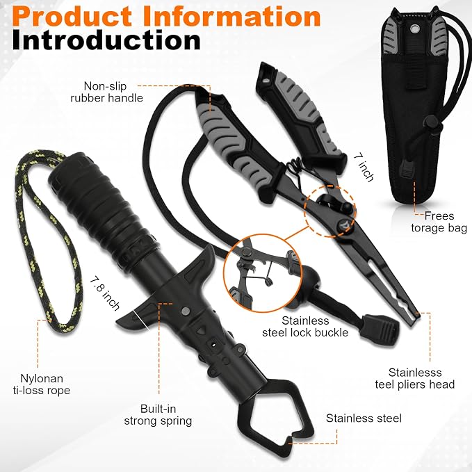 Ceenna 14 Pcs Fishing Tool Kit, Fishing Pliers, Retractable Landing Net, Lip Gripper, Fillet Knife, Digital Scale, Hook Remover, Scaler, Braid Scissors, Sharpener, Tool Retractor Accessories