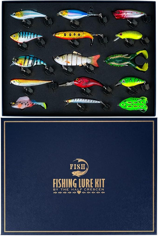 Fishing Lures Kit for Men, 15PCS Bass Fishing Lures Gift Set with Premium Gift Box, Hard & Soft Baits for Bass Trout Pike Salmon, Freshwater & Saltwater Fishing Gear Gifts