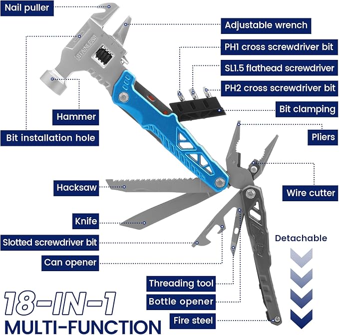 18-in-1 Multipurpose Tool Kit, Survival Camping Gear & Fishing Gifts, Multitool with Hammer, Pliers, Screwdriver and Pocket Knife for Dad Men(Blue)