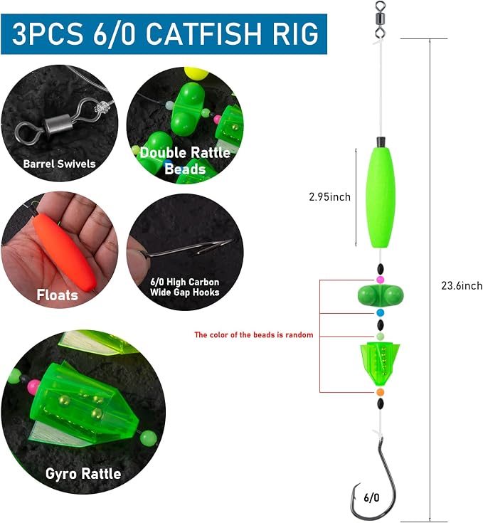 3Pcs/6Pcs Catfish Fishing Rigs Ready Kit，2 in 1 Rotating rattles/Double Rattles Beads, Float Rigs Tackle Santee Rig Peg Catfish，Free Adjustment in freshwter and Saltwater