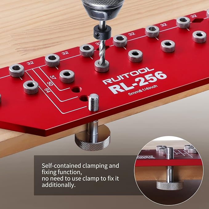 RUITOOL Shelf Pin Jig 11 Holes, Self-contained Clamping Function All Metal Shelf Pin Drilling Jig with 1/4" and 5mm Drill Bit, Shelf Hole Jig and Cabinet Hardware Jig Tool Drill Guide with Storage Bag
