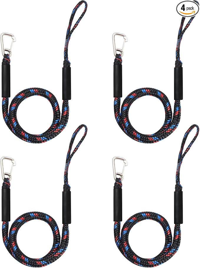 Boat Bungee Dock Lines, Mooring Rope with Stainless Steel Clip,Boat Ropes for Docking, Boat Accessories, Suit for PWC, Kayak, Seadoo, WaveRunner, Pontoon, Bass Boat, 4ft (Black & Blue red)
