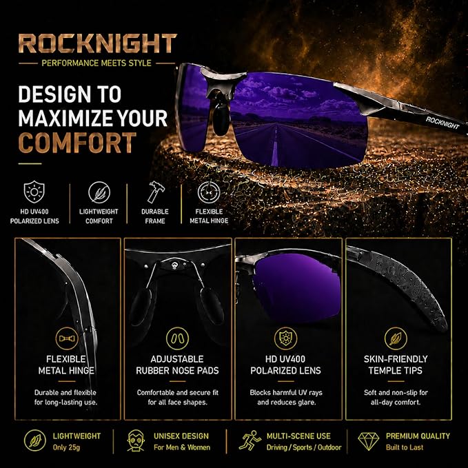 ROCKNIGHT Polarized Rectangular Sunglasses for Men Driving UV400 Protection Lightweight Al‑Mg Frame