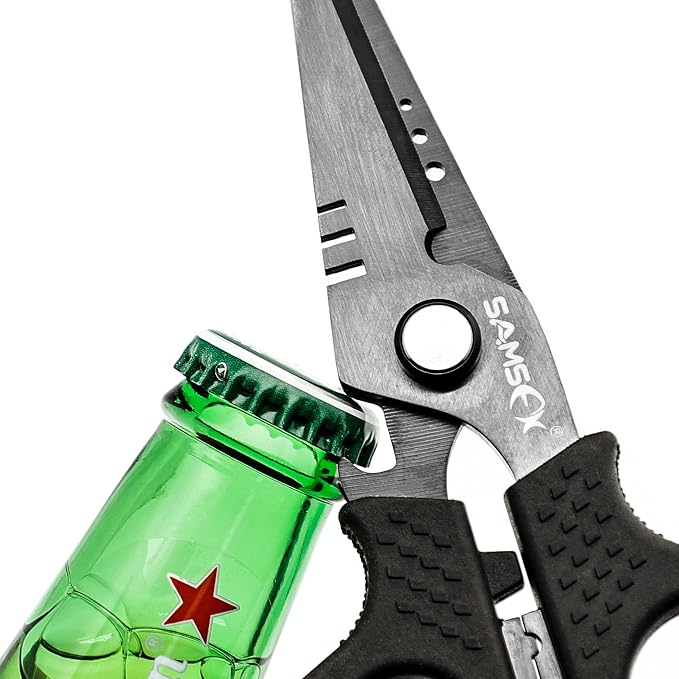 SAMSFX Fishing 6.5" Pro Fishing Scissos, Dual Serrated Blades, Braided Line Shears with Titanium Coating, Non-Slip Grip & Multifunction Tool, Come with Hard Molded Locking Sheath & Coiled Lanyad