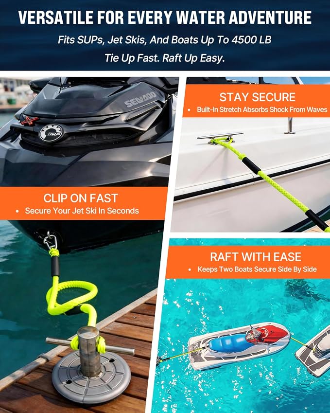 Boat Accessories 4Feet Boat Bungee Dock Lines (2 Pack) with 30cm Extended Loop Shock Absorbing, 316 Stainless Steel Clip & Floating Foam, Mooring Lines for Boats, Jet Ski, Pontoon(Neon Yellow)