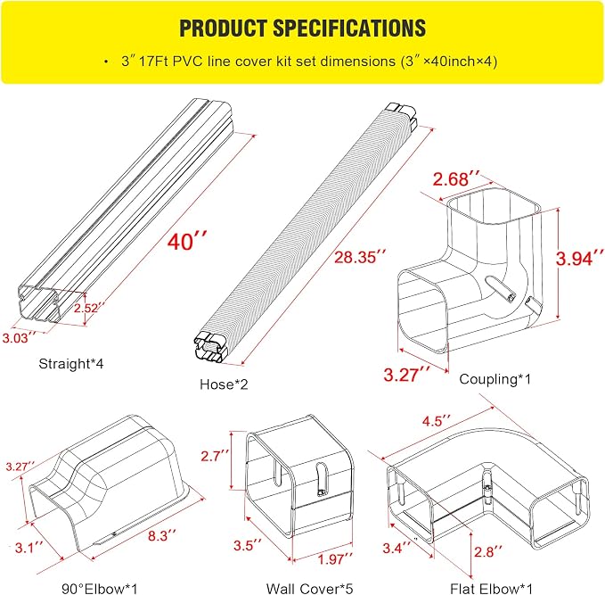 DWALE 3" 17Ft PVC Decorative Line Set Cover Kit, Mini Split line Set Cover,for Ductless Mini Split Air Conditioner and Central AC and Heat Pumps