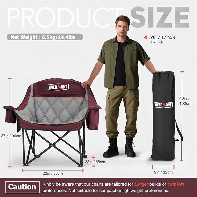 Overmont Oversized XL Camping Chair for Adults - 500lbs Support Heavy-Duty Padded Folding Chair with Side Pocket Cup Holder Cooling Bag for Outdoor Sports Garden Beach Fishing Lawn Red