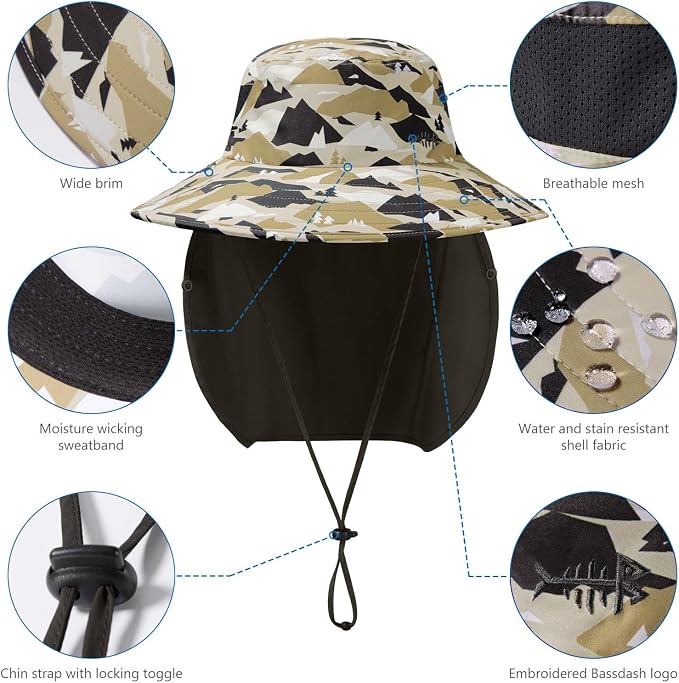 BASSDASH UPF 50+ Breathable Sun Hat with Removable Face Cover and Neck Flap Wide Brim Bucket Hat for Fishing Hiking Men Women