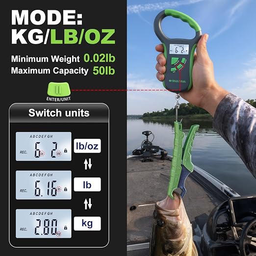 SNAIL TRAIL 8 Storage Bins Digital Bass Fishing Scale & 7.5'' Lip Gripper, Weighs Up to 50 lbs, Backlit LCD Display, Ergonomic Handle, Multi-Mode(LB, OZ/LB & KG), Tournament Fish Weigher for Anglers