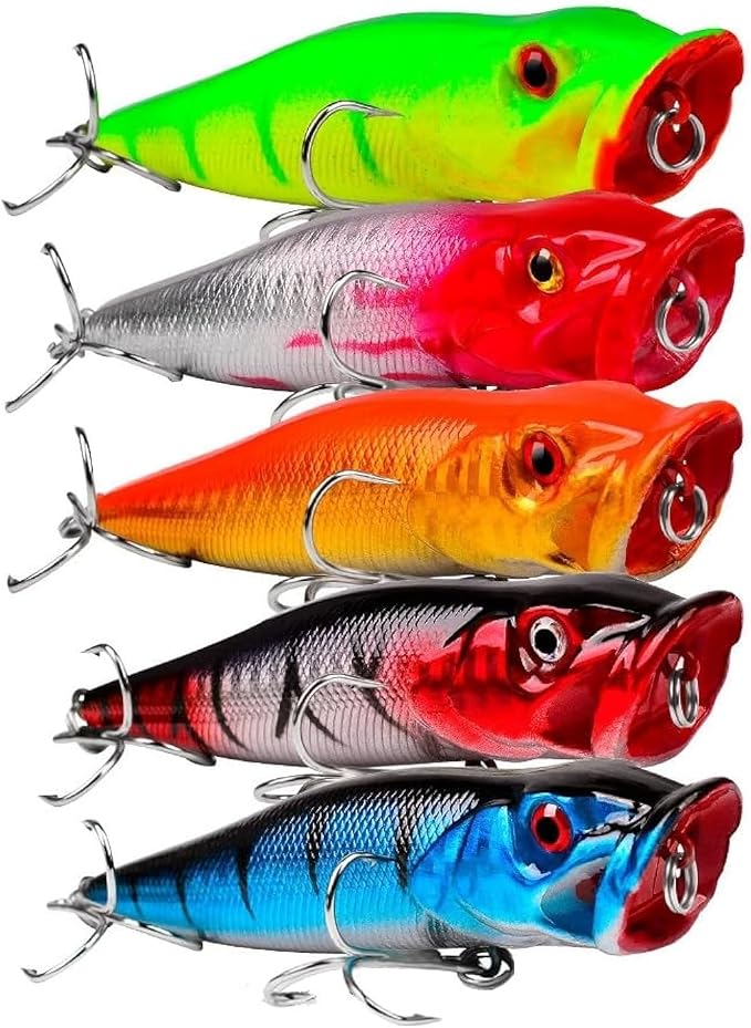 5pcs 9cm 3D Eyes Hard Baits Floating Topwater Popper Lures with Treble Hooks, Mixed Colors, ABS & High Carbon Steel, Targeting Pike, Bass, Salmon