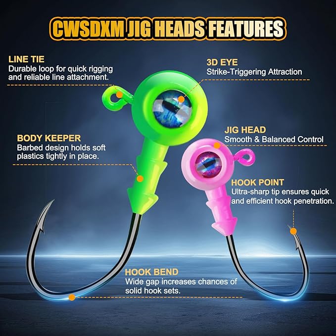 Round Jigs Heads for Fishing, 3D Eyes Ball Head Hooks with Stacked Cone Keeper, 1/8oz 1/5oz 1/4oz 3/8oz Crappie Jig Heads for Bass Fishing Trout Crappie Panfish Walleye