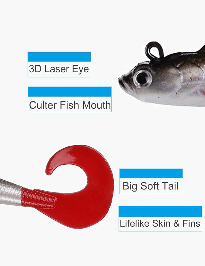 Lures for Bass Jig Head Soft Swimbait, 6-Pack 6 Colors Plastic Bait for Saltwater/Freshwater Fishing