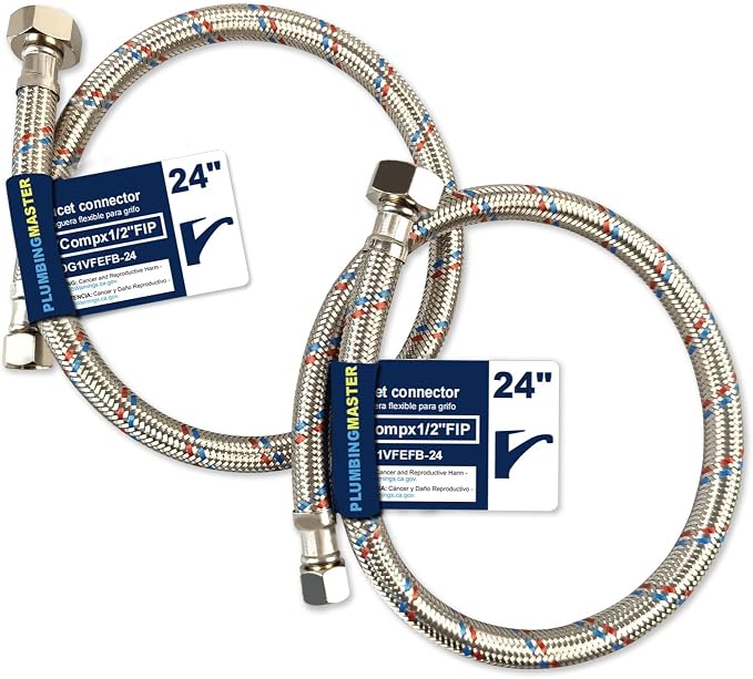 24'' Faucet Hose Connector, 3/8" Comp x 1/2" FIP Braided Stainless Steel Faucet Water Supply Lines for Bathroom Kitchen Sink Faucet 2Pcs