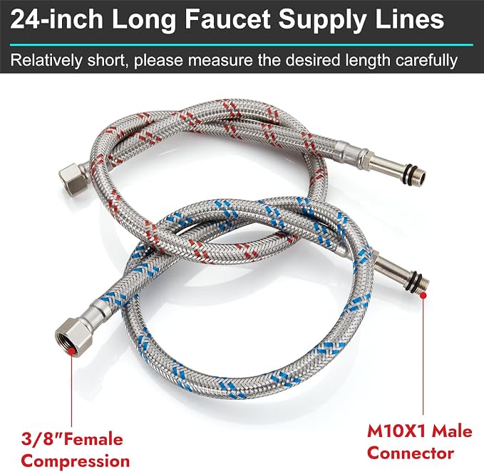 Midanya 24-Inch Long Faucet Water Supply Lines, Braided Stainless Steel Supply Hose 3/8-Inch Female Compression Thread x M10 Male Connector, x 2 Pcs (1 Pair)