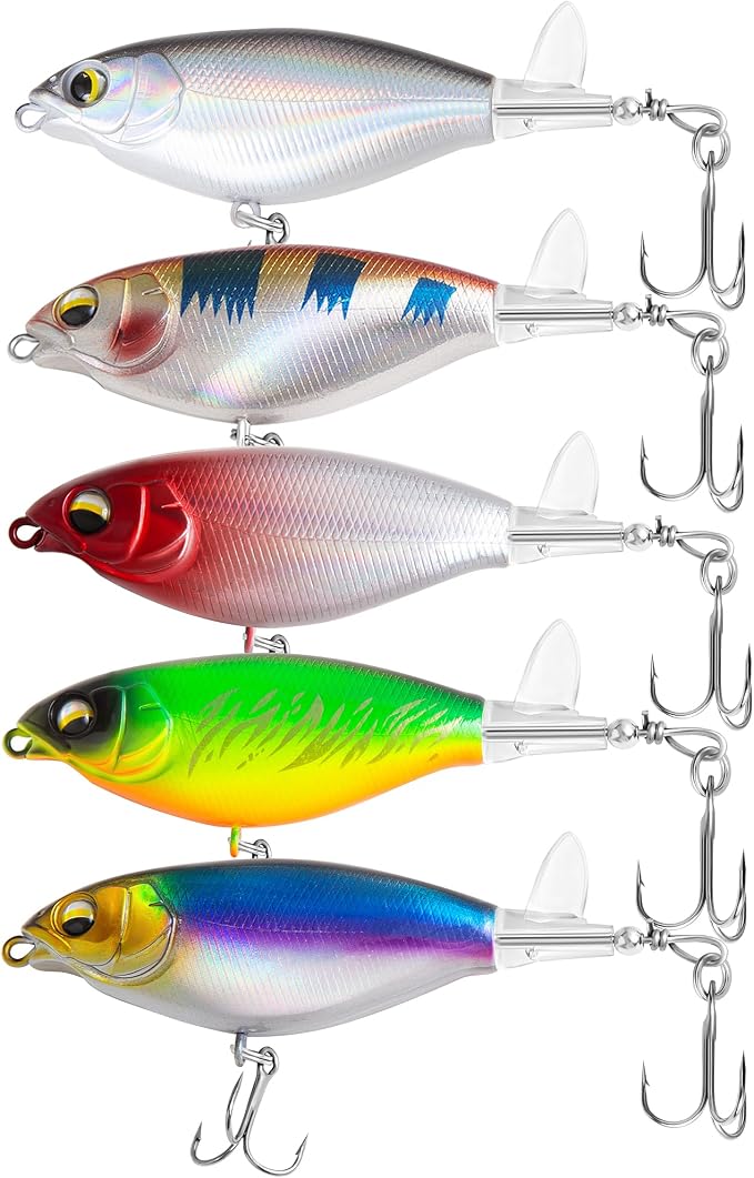 5Pcs Topwater Fishing Lures with Bait Box, Whopper Popper with Rotating Tail Treble Hooks, Plopper Floating Lure for Bass Crappie Walleye Catfish Pike Perch, Freshwater or Saltwater