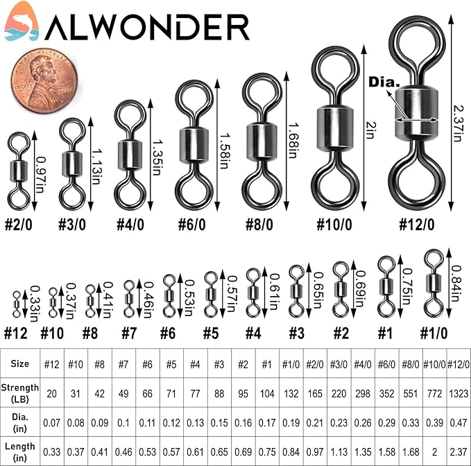 Alwonder Fishing Barrel Swivels, 40 to100-Pack Swivels Fishing Tackle Freshwater Saltwater Swivel Rolling Swivel Heavy Duty Stainless Steel Lures Leaders Line Connectors Terminal Tackle
