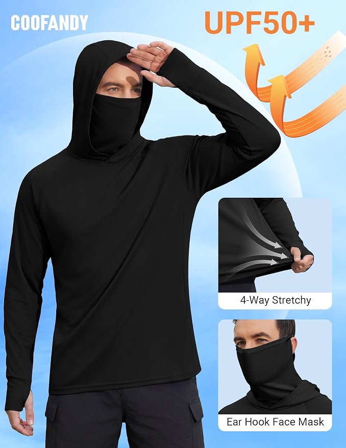 COOFANDY Mens UPF 50+ Sun Protection Hoodie with Mask Lightweight Long Sleeve SPF Fishing Shirts UV Hiking Running Rash Guard