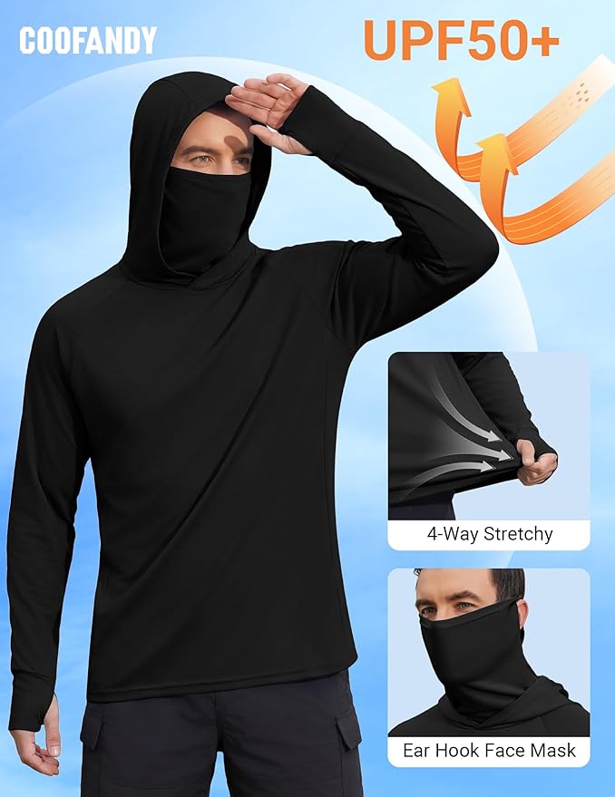 COOFANDY Mens UPF 50+ Sun Protection Hoodie with Mask Lightweight Long Sleeve SPF Fishing Shirts UV Hiking Running Rash Guard