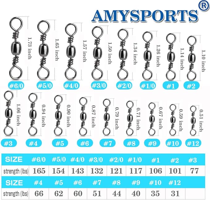 AMYSPORTS High Strength Fishing Swivels Barrel Solid Ring Barrel Fishing Swivel Rolling Fishing Tackle Line Connector Saltwater Freshwater Stainless Steel Accessories
