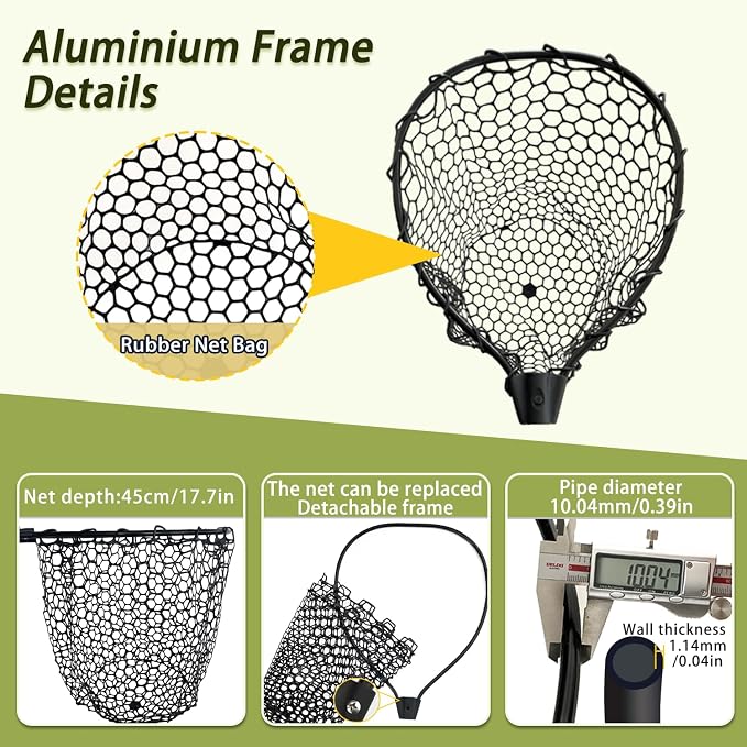 Telescoping Metal Lock Fishing Net with Handle Red Green 64" 52" Rubber Fish Net - Adjustable Length Lightweight Foldable Large Big Collapsible Extendable Fishing Net