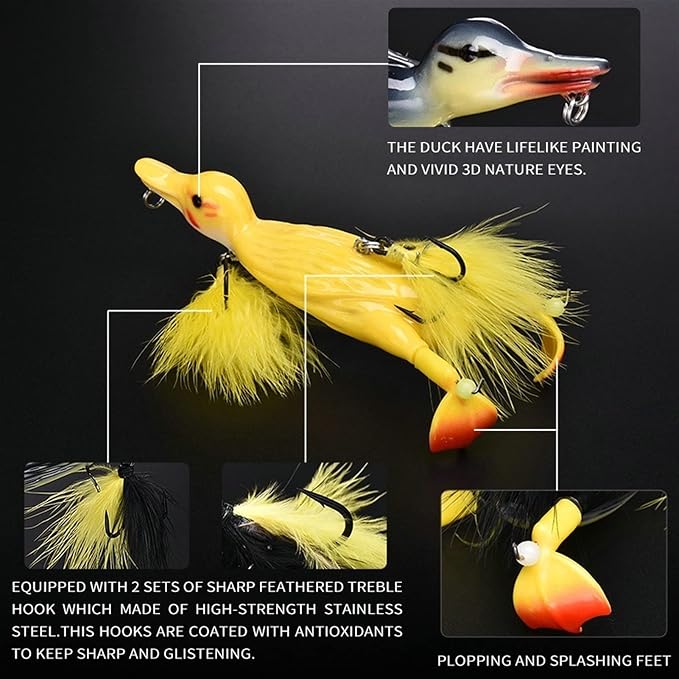 1piece 3D Duck Topwater Fishing Lure Yellow Duckling Floating Artificial Bait Plopping and Splashing Feet Hard Fishing Tackle Geer 12cm 28g