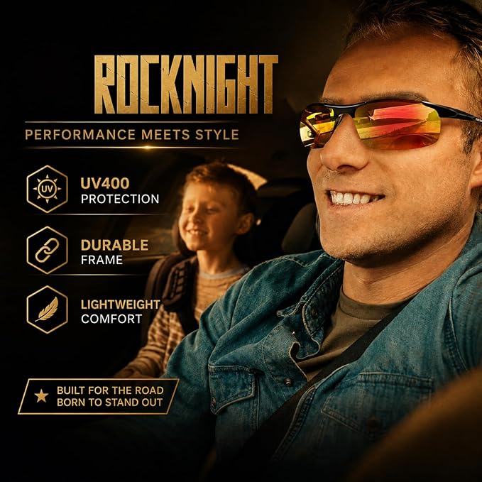 ROCKNIGHT Polarized Rectangular Sunglasses for Men Driving UV400 Protection Lightweight Al‑Mg Frame