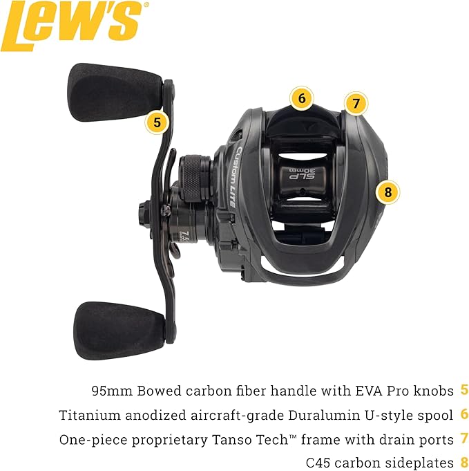 Lew's Custom Lite SS Baitcast Fishing Reel, 10+1 Double Shielded Bearings, Super Shallow 30 mm Spool, Tanso Tech Frame, Carbon Fiber Drag, Carbon Gray