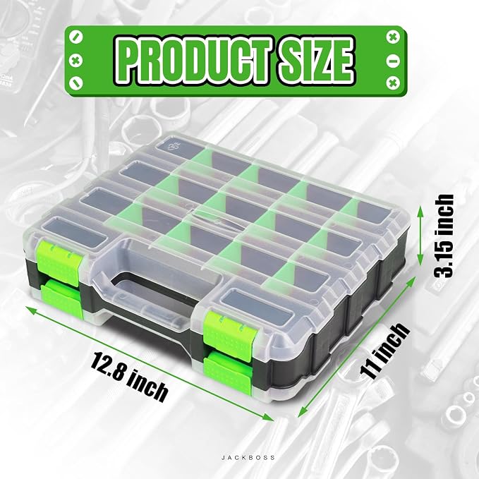 Jack Boss Tool Box with Transparent Lid, Double Side 34-Compartments Organizer Box with Removable Dividers for Hardware, Screws, Bolts, Nails, Beads, Jewelry and Fishing Accessories, Green, 4 Pack