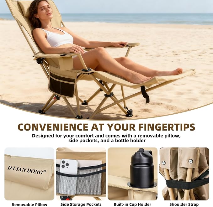 Reclining Camping Chair with Footrest, 4-Position Adjustable Back Folding Lounge Chair for Adult | Heavy-Duty Beach Chairs with Cup Holder & Carry Bag for Beach, Camping, Backyard, Fishing