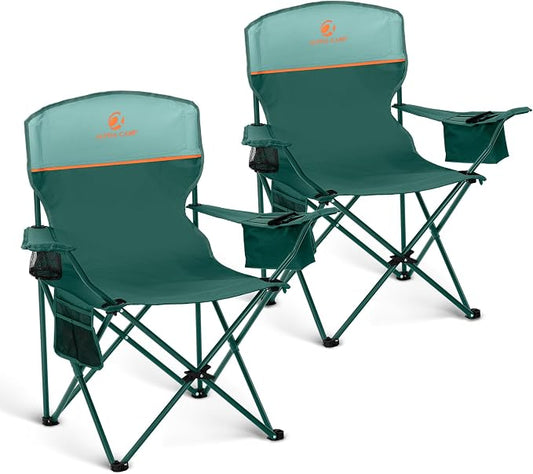 LET'S CAMP Camping Chair 2 Pack Folding Chair with 4-Can Cooler Bag Portable Lawn Chair with Cup Holder,Storage Pocket, Supports 250LBS, Collapsible Chair for Camp, Beach, Picnic (Green)