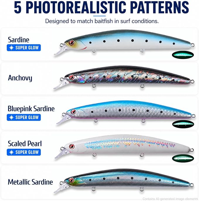 LITTMA California Surf Fishing Lures Saltwater Jerkbait Crankbait Surf Minnow 110/125 - Metallic Sardine Super Glow & Pearl Pink Belly Glow Lures for Halibut & Striper Fishing