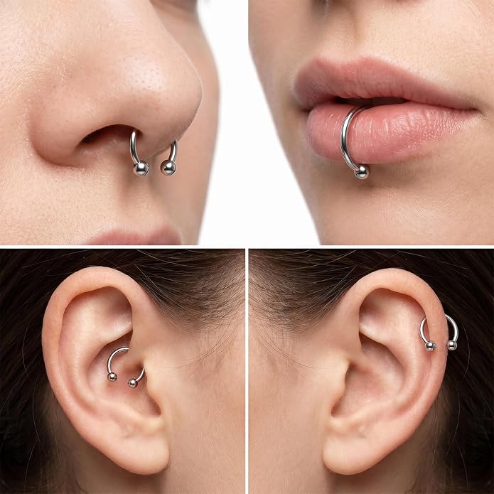 8 Pcs Septum Piercing, Stainless Steel Septum Rings 16G, Horseshoe Septums 6/8/10/12 External Thread with Replacement Ball and Grip Pen for Nose, Eyebrows, Ears, Lips