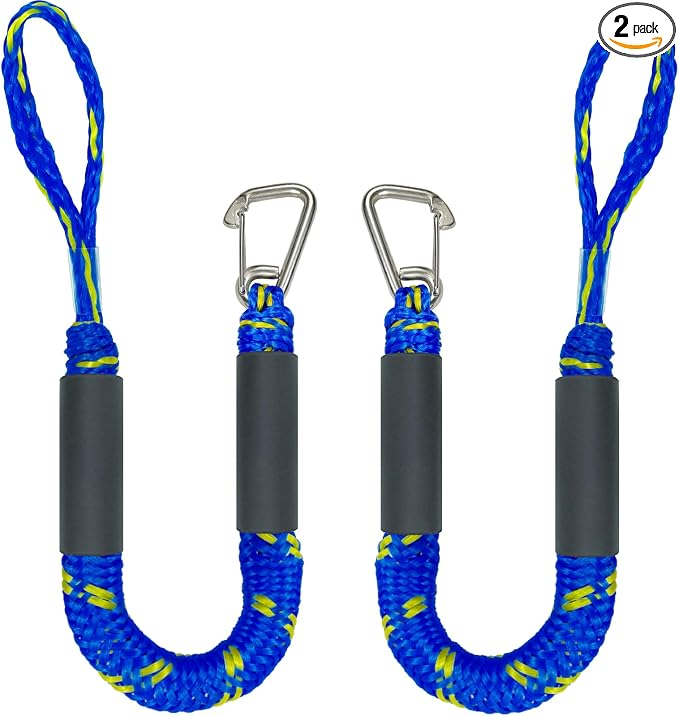 2FT Bungee Dock Line Boat Accessories 2pcs Fender Lines with 316 Stainless Clip for Boat Bumper/Boat Fender for Mooring for Jet Ski, Seadoo, Yamaha(Blue+Yellow, 2Feet)