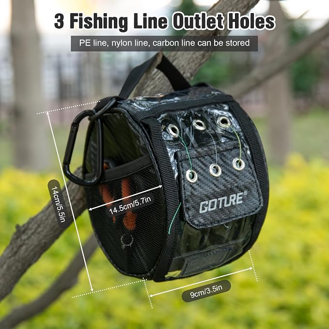 Goture 3/6 Outlet Holes Fishing Line Storage Bag, 2 Sizes Clear View Window Fishing Line Case, Removable Divider Fishing Line Organizer, Water-Resistant Surface, Tangle-Free Leader Line Spool Bag