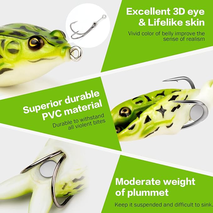 Topwater Frog Lure Bass Trout Fishing Lures Kit Set Realistic Prop Frog Soft Swimbait Floating Bait with Weedless Hooks for Freshwater Saltwater