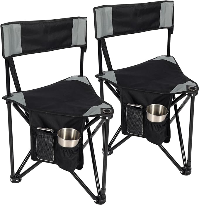 REDCAMP 2 Pack Tripod Camping Chairs Folding Lightweight, Portable 3 Legged Tripod Stool Seat with Backrest, Small Golf Chair Compact for Adults Fishing Hunting, Black