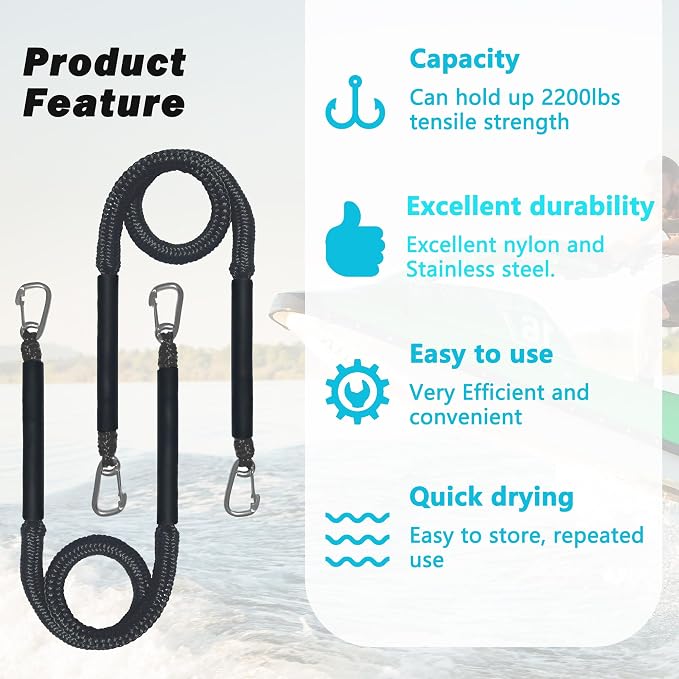 Bungee Dock Line with Double 316 Stainless Steel Clips Floatable Mooring Rope Boat Snubber Docking Rope for PWC, Boat Accessory for Kayak, Watercraft, Bass Boat, SeaDoo, 4-6FT, 2 Pack